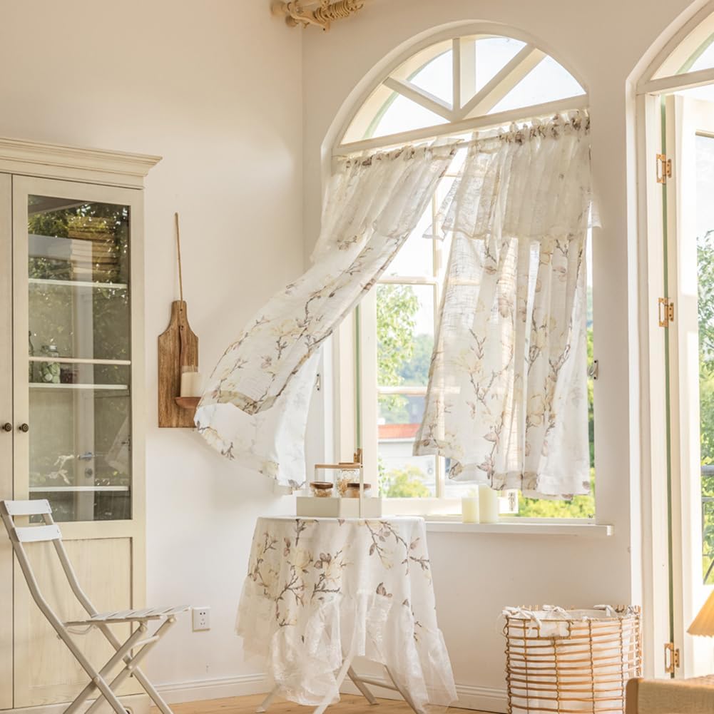 vctops Semi Sheer Curtain Farmhouse Magnolia Flower Printed Window Treatment Curtain Light Filtering Rod Pocket Window Drapery Curtain for Bedroom Living Room Kitchen, 1 Panel (55" X 85")