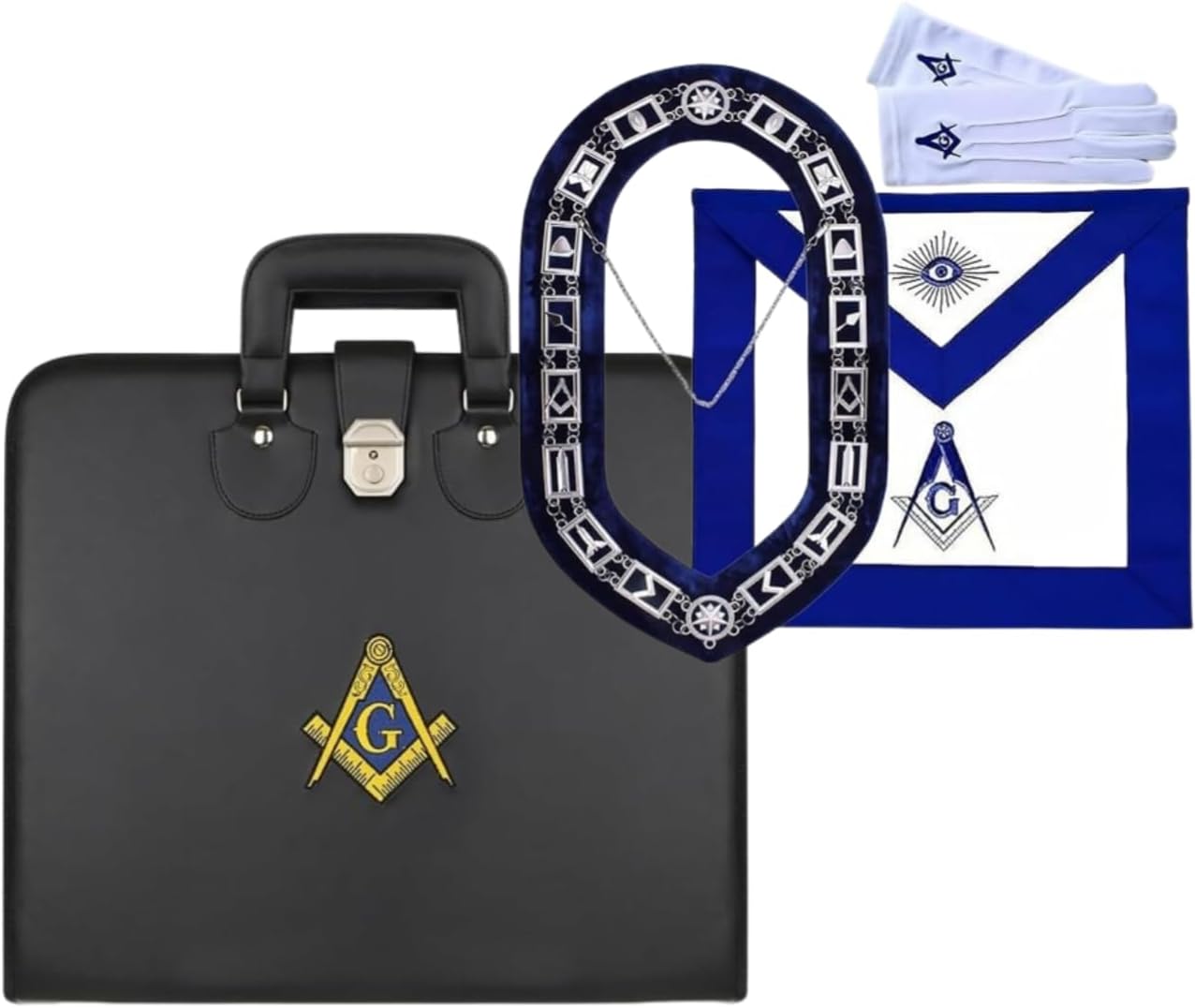Masonic Regalia Blue Lodge Master Mason Apron Chain Collar Gloves With Case, Case Size (18×16)