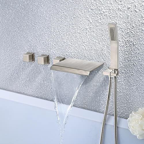 Jiayoujia Waterfall Wall Mounted Tub Faucet With Hand Shower Brushed Nickel Bathroom Wall Bathtub Filler Faucet Stainless Steel Hand Sprayer Included #TOP1