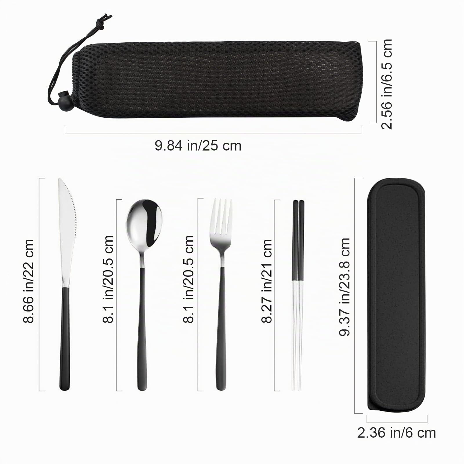 VANRA Set di 4 Strumenti da Viaggio Portatili con Custodia 18/10 Set di Posate Riutilizzabili in Acciaio Inossidabile con Forchetta Cucchiaio Coltello Bacchette per Viaggi, Campeggio, Scuola (Argento)