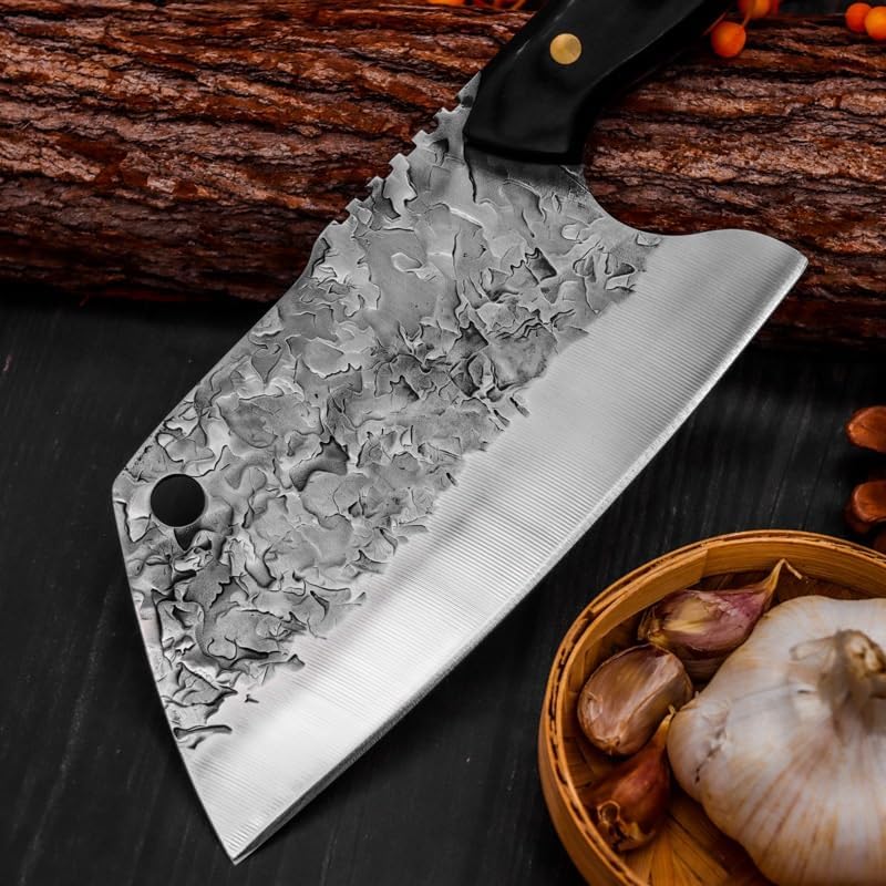 Meat Cleaver,Cleaver Knife Handmade Forged Steel Kitchen Knife Sharp Blade Chopping Slicing Meat Cleaver Butcher Knives, Gray, LAMAJIGA5844