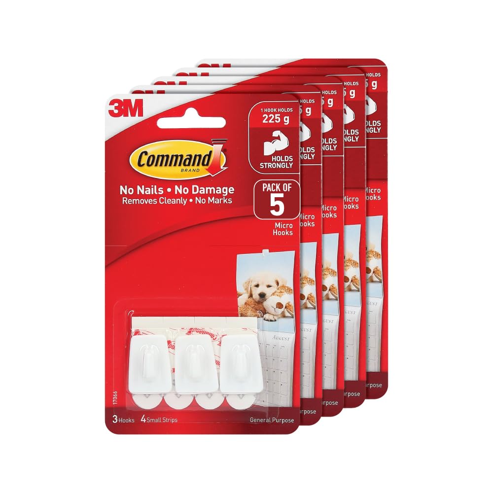 Command 3M, Micro Utility Wall Hooks, Up to 225gms, Holds Strongly, Reusable, Adhesive Hooks for Wall, Multi-Surface Damage Free Hooks for Hanging (White, 3hooks, 4 stripss), Plastic | Pack of 5-image-18