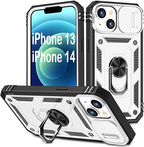 PASNEW Funda para iPhone 14 con soporte, funda para cámara deslizante de cuerpo completo, carcasa rígida militar, carcasa rígida a prueba de golpes,