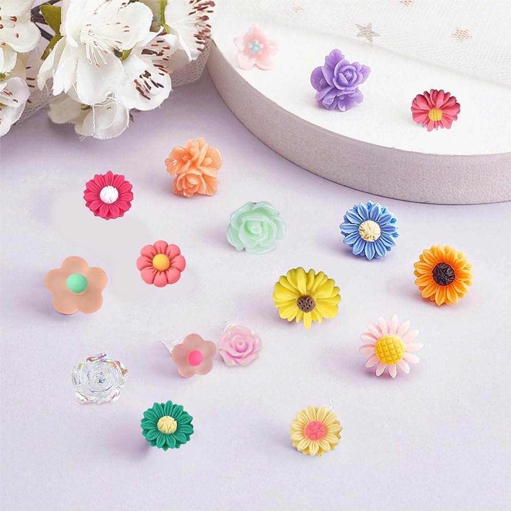SUNNYCLUE 1 Box DIY 20 Pairs Mixed Resin Flower Flatback Cabochon Studs Earring Kit Resin Rose Daisy Charms with Stainless Steel Post for Jewelry Making Arts Craft Supplies - Image 5