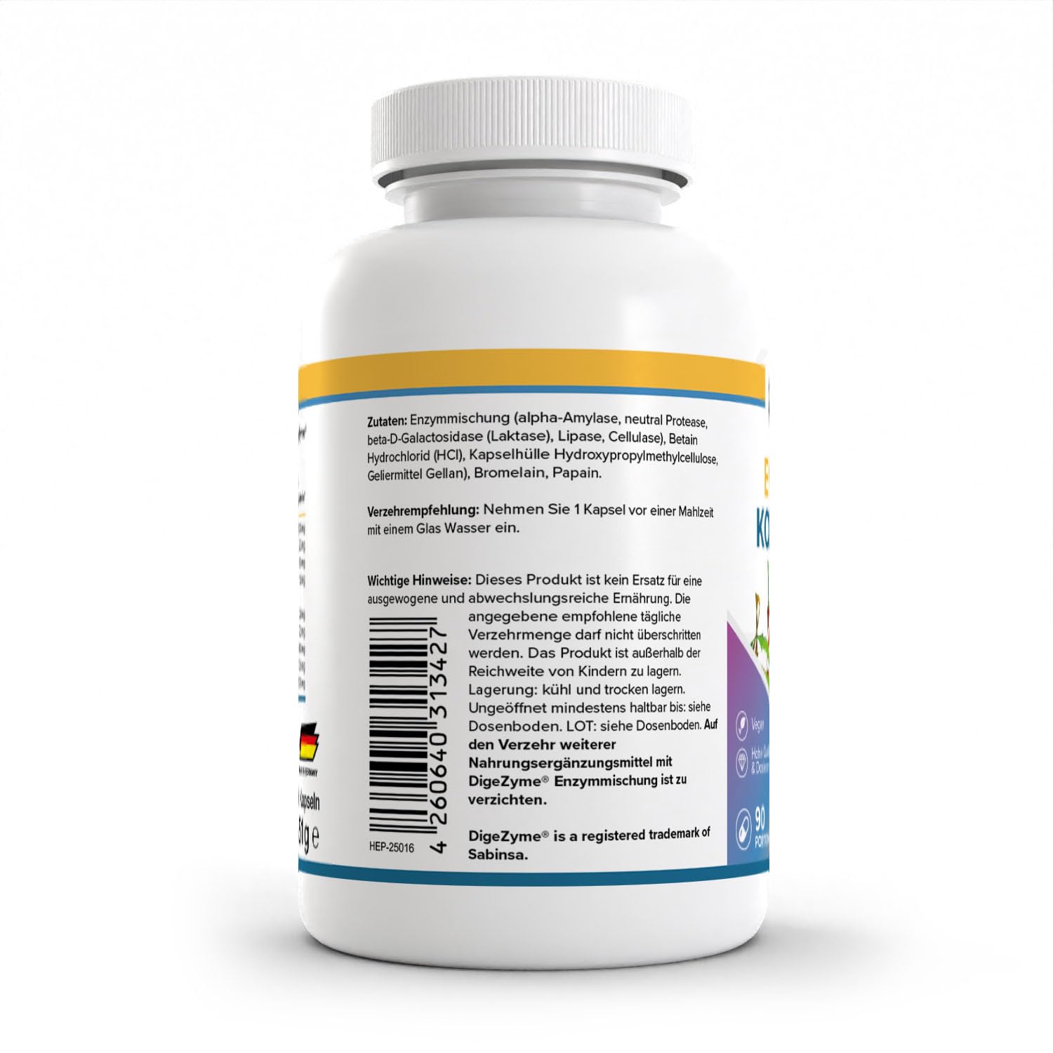 HEALTH+ Enzym Komplex - 90 Kapseln, 8-Fach Enzym-Mix aus essentiellen Enzymen inkl. Bromelain, Papain und Betain HCL