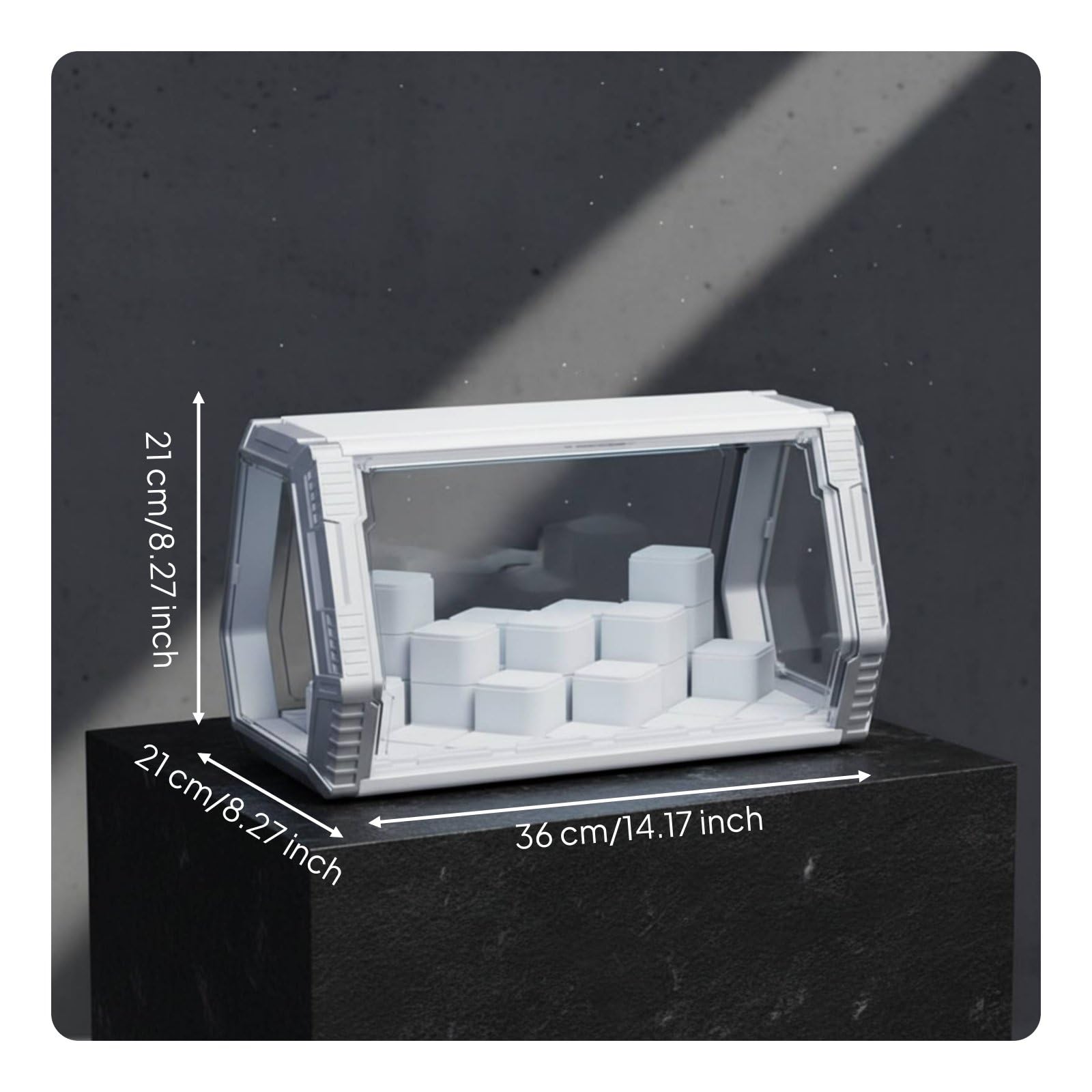 Vitrine Figurinen Vitrine Vitrinenkasten Sammlervitrine Schaukasten mit Klappdeckel Und Staubschutz 360 Grad Ansicht für Modellbau Sammlung Arbeitszimmer , Silber , Gitterbasis