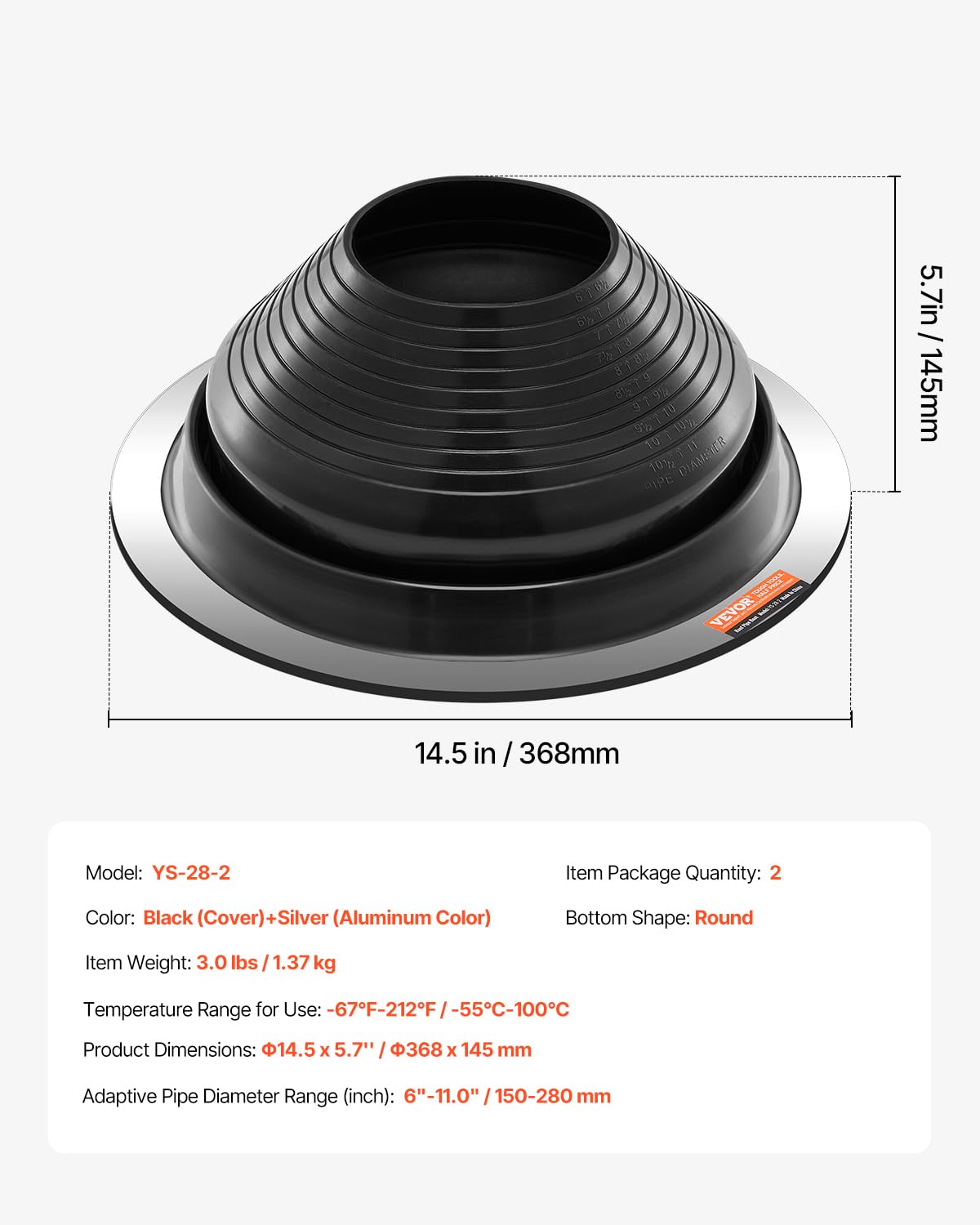 VEVOR Solin de Toit pour Tuyaux 150-280 mm Étanchéité Toiture Flexible EDPM, Lot de 2, Base Ronde en Métal, Haute Température -55℃-100℃, pour Cheminée, Poêle à Bois, Tuyaux d'Aération Extérieur, Noir