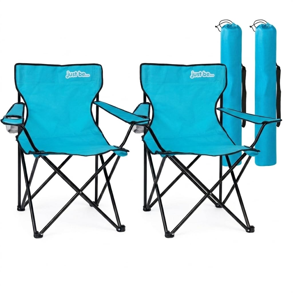 just be... Lot de 2 chaises de camping légères et pliantes avec accoudoirs, porte-gobelet et sac de transport, toile en polyester, cadre en acier tubulaire, bleu clair/bordure noire