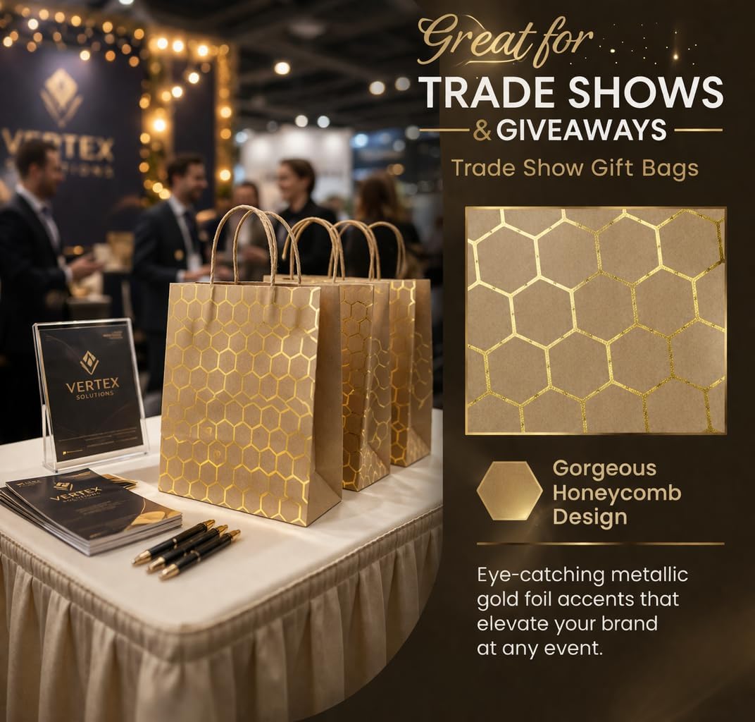 SEASONAL MOMENTS Kraft Paper Gift Bags with Handles- 8 x 4.3 x 10.5 Brown/Gold Hexagon Pattern Paper Gift Bag for Birthdays, Parties & Special Occasions- Reusable Gift Bags Everyone Will Love- 24 Pack