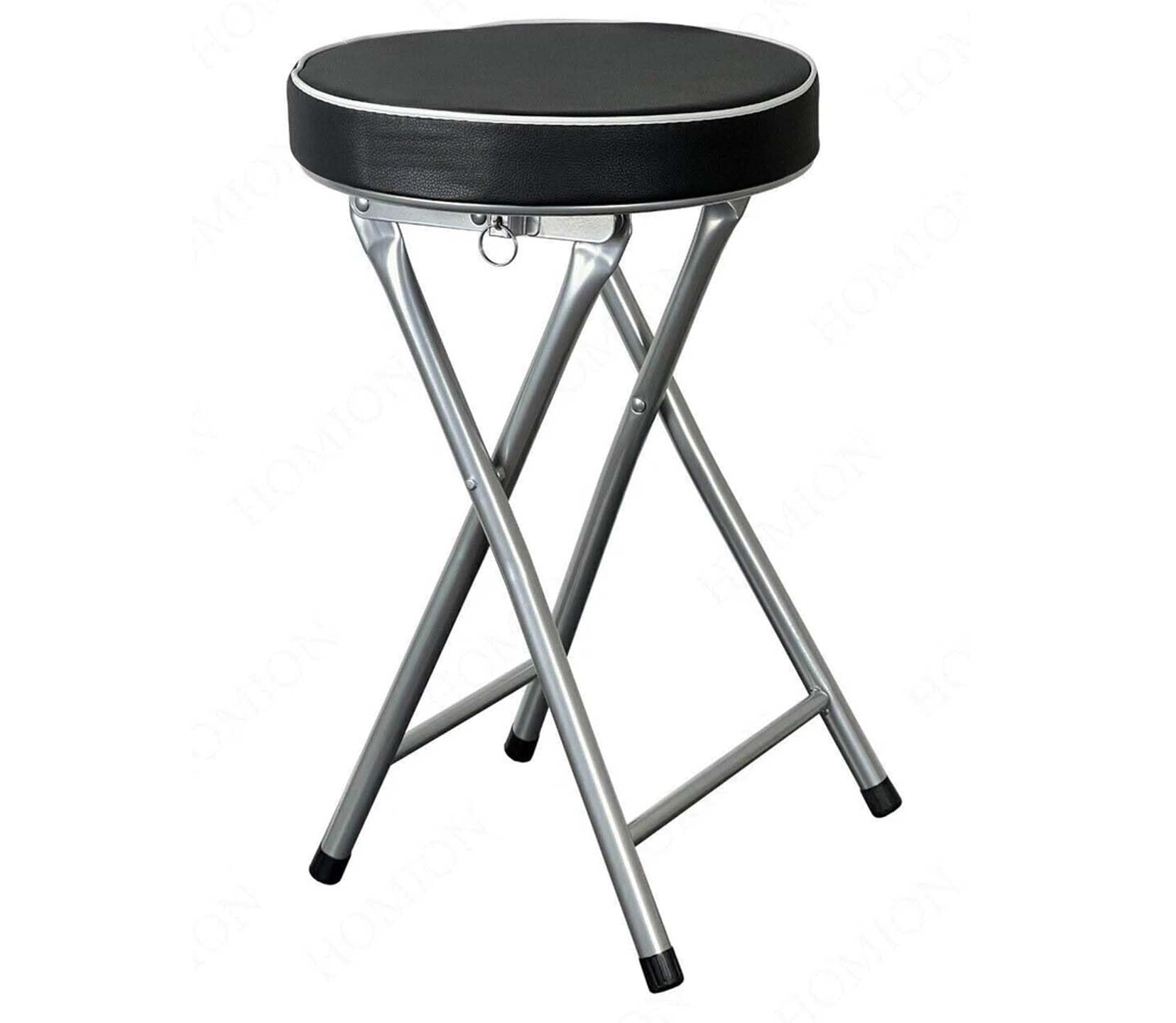 PREMZO Round Thick Padded Folding Stool Compact Small 49 cm Space Saving Lightweight Kitchen Dining Breakfast Bar Desk Seat Home Office Foldable Stool (Black)
