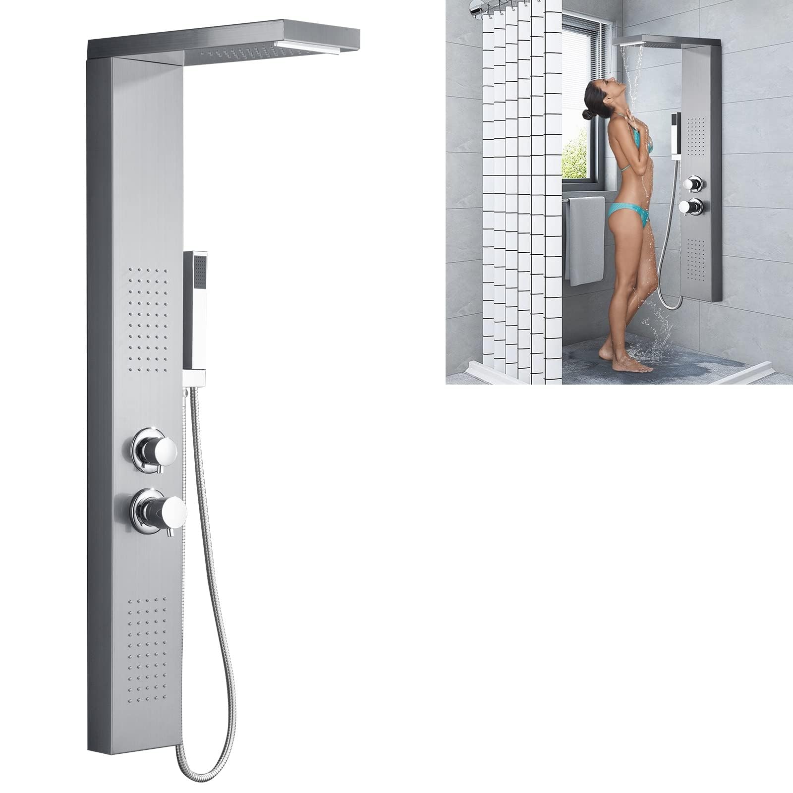 LZQ Pannello doccia a pioggia 304 in acciaio inox 304, asta doccia regolabile in altezza, 4 in 1 con termostato, sistema di pannello doccia argento