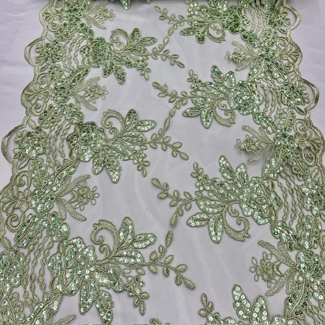 Valentina Textile INC Sequin lace Fabric with Embroideries on mesh VT-18(3 Yard,Sage)