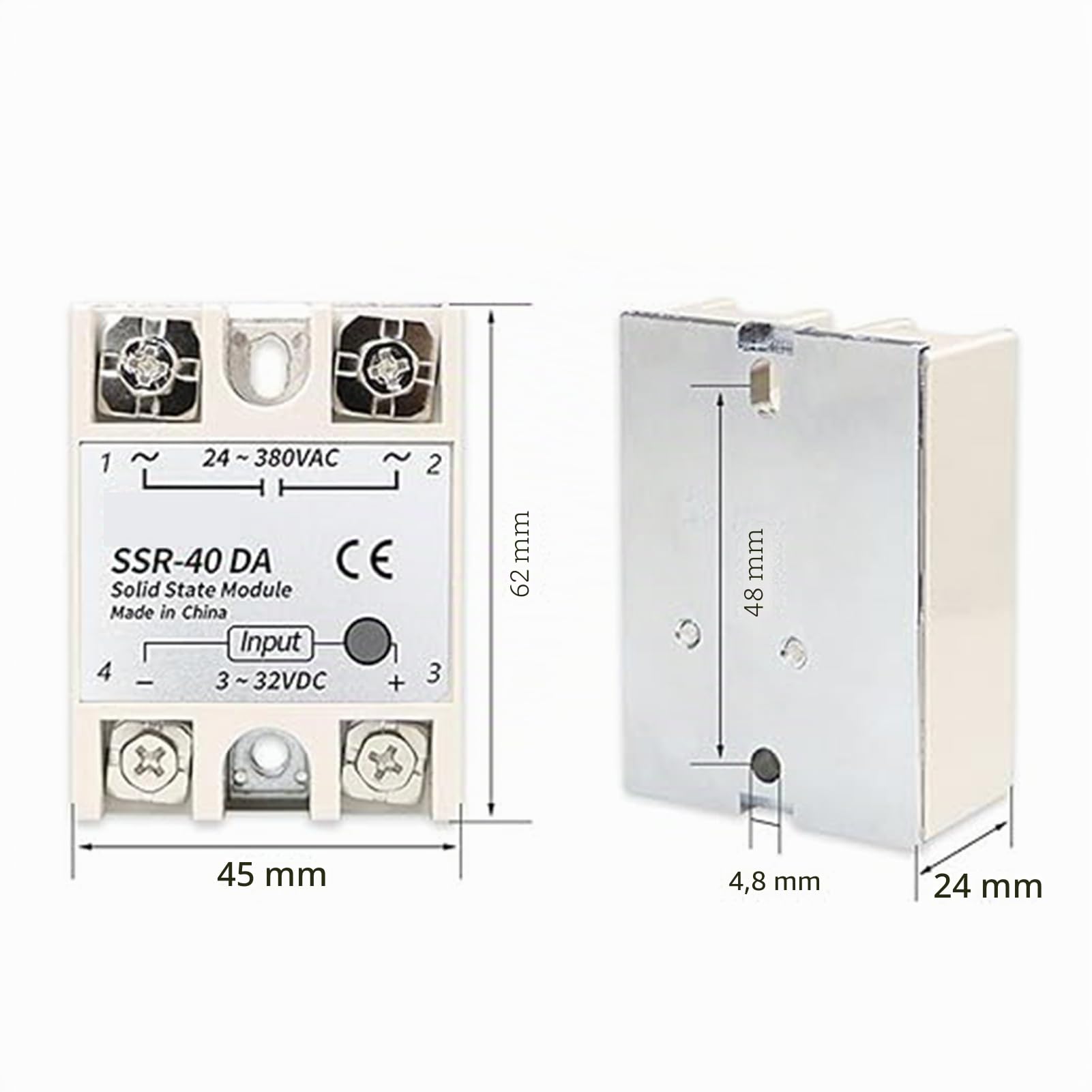 2 piecs SSR Relè a stato solido Modulo relè SSR-40DA, Relè a stato solido 3-32VDC Uscita 24-380VAC 40A Dissipatore