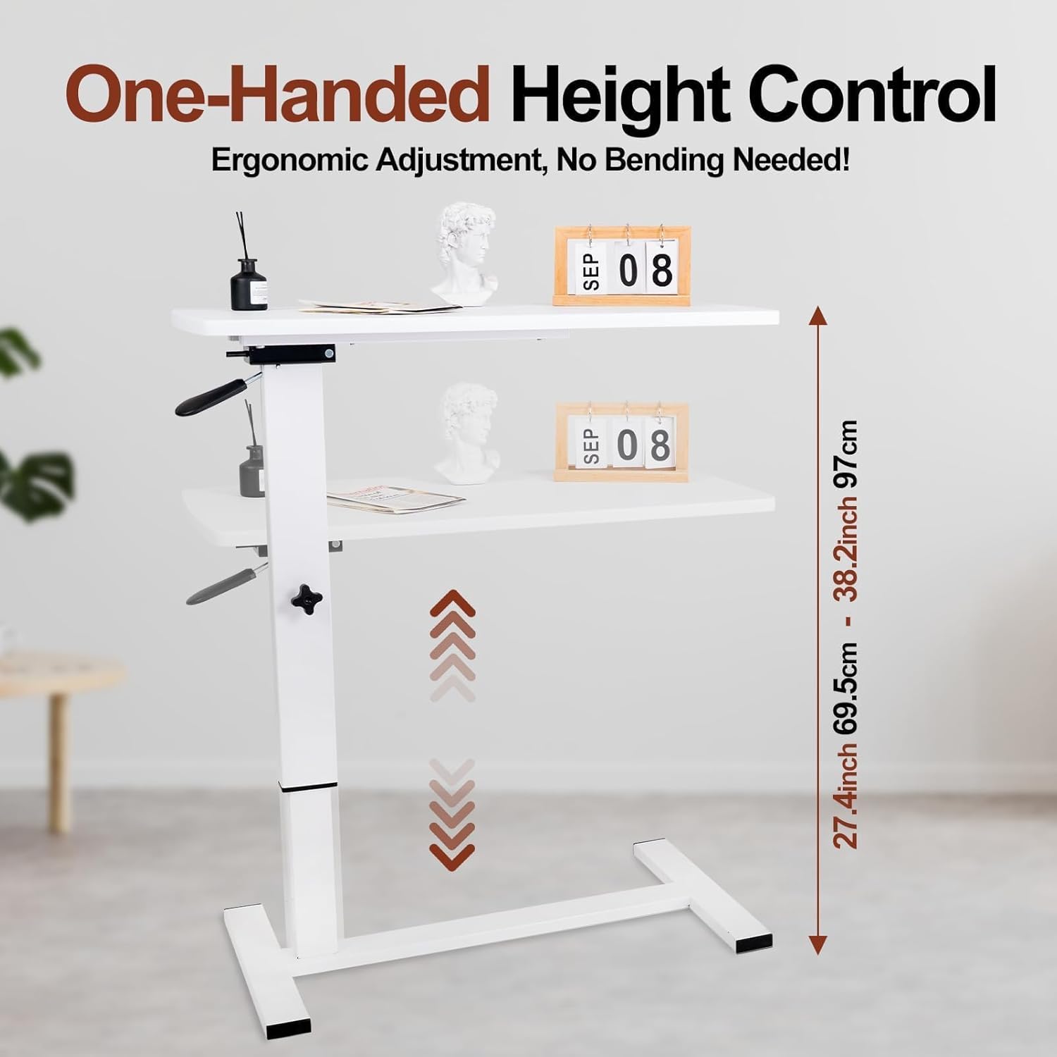 Adjustable Overbed Bedside Table with Hidden Casters, 27"-38" Pneumatic Mobile Laptop Computer Standing Desk, Medical Foldable Cart Movable Rolling Table for Hospital Home(32" W x 16" D, White)