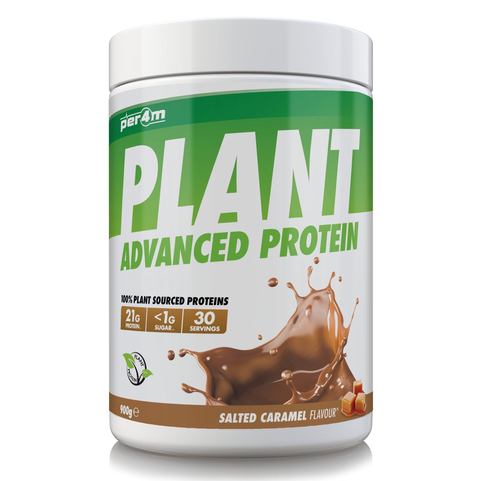 Per4m Plant Protein, veganes Pflanzenprotein, vollständiges Aminosäureprofil aus Pflanzenquellen, unterstützt Muskelaufbau & Erholung, für innere Balance täglich – Gesalzenes Karamell – 900g