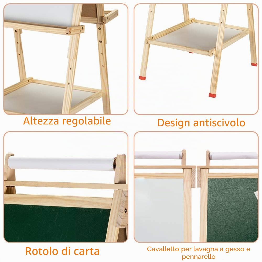 3 in 1 Lavagna per Bambini con Rotolo di Carta, Lavagnas Doppia Faccia Cavalletto Artistico in Legno Cavalletto Pittura in Regolabile Altezza Lavagna Multiattività con Lettere Numeri e Altri accessori