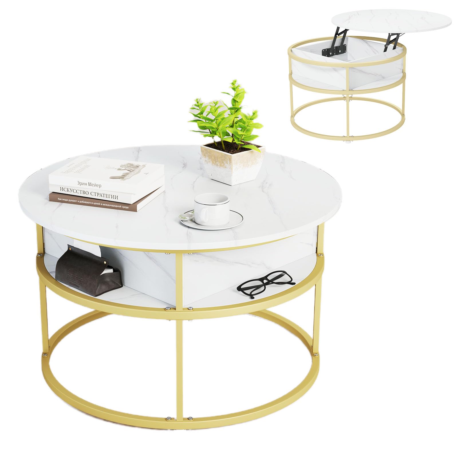 LIFEZEAL Tavolino Salotto Rotondo Sollevabile, Dorato, Oro e Bianco, Effetto di Marmo, Tavolino da Caffè, Divano, Tavolo Soggiorno, con Vano Portaoggetti, in Legno, Metallo, Ø80x49-63cm, Max 80kg