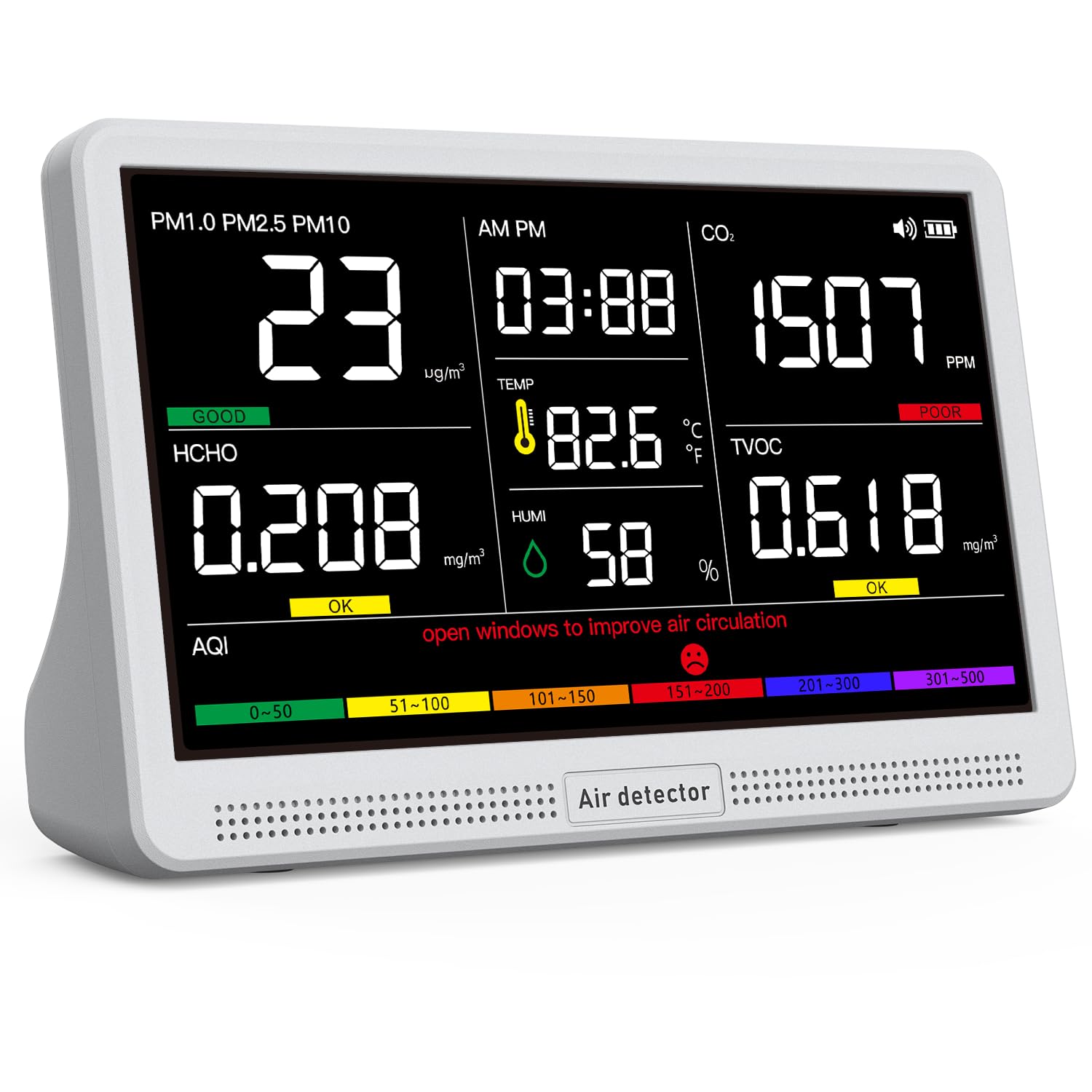 16 in 1 Air Quality Monitor Indoor 7" Display 9 AQI+7 AQI Alerts Air Quality Meter for CO2, TVOC, PM2.5 PM1.0 PM10, HCHO, Temperature Humidity AQI & Time, Air Detector Air Quality Tester for Home-picture-12