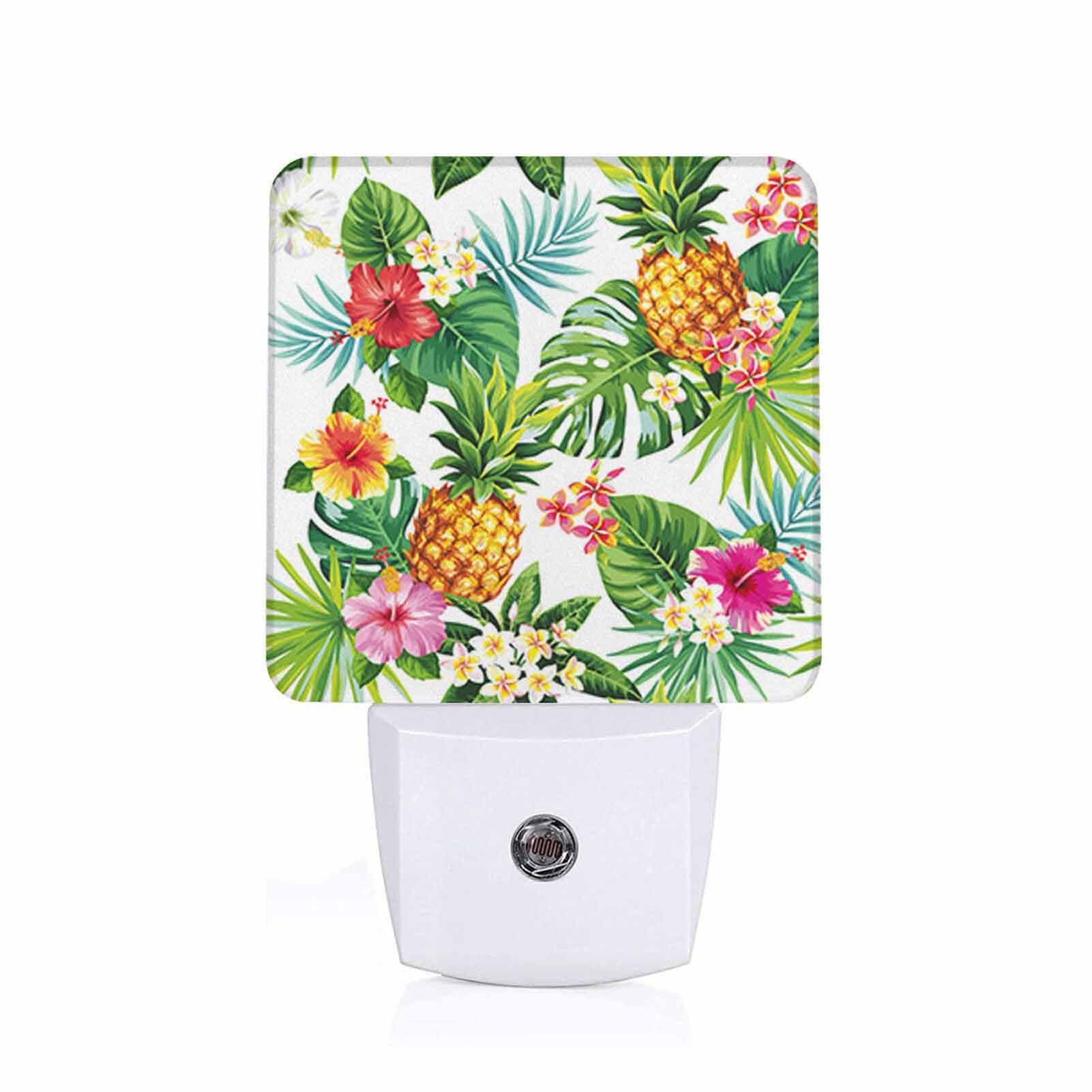 LED Night Light,Summer Hawaiian Botanical Floral Pineapple Flower LED Night Light Plug into Wall with Dusk to Dawn Light Sensor White Energy Efficient Nightlight for Bedroom Hallway Kitchen
