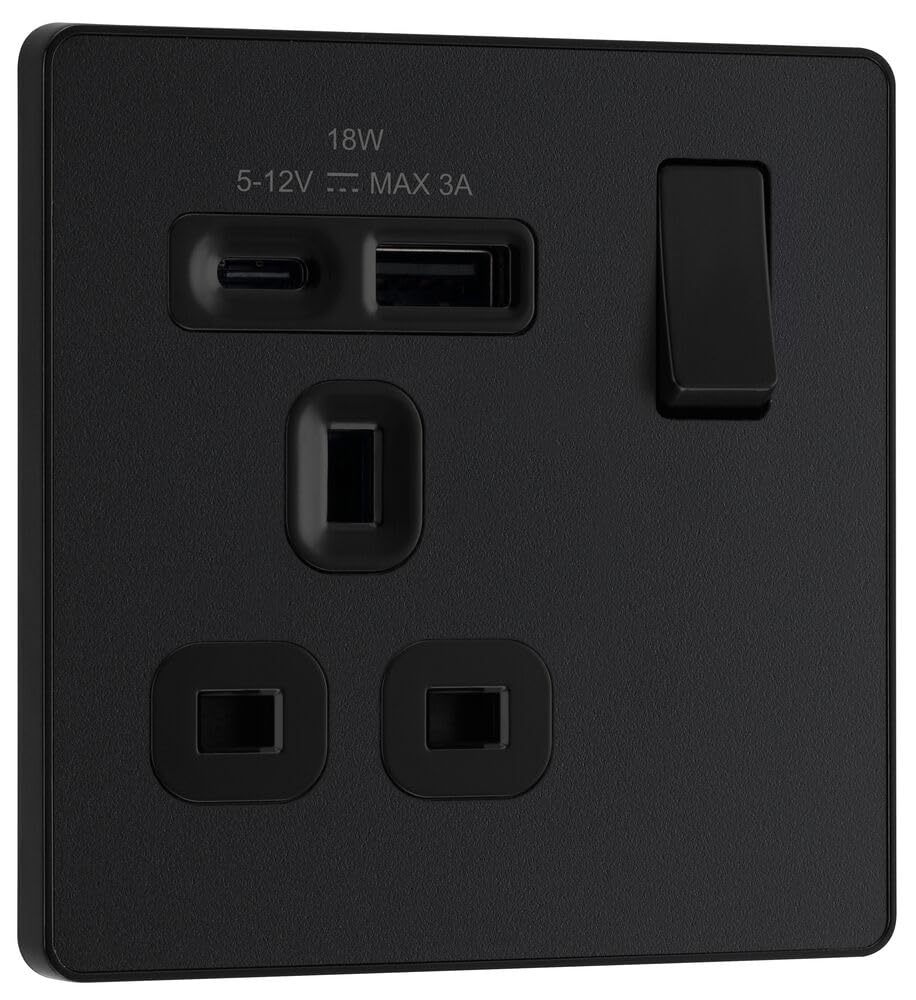 BG Electrical 18W Single Switched Power Plug Wall Socket with Type A USB and Type C USB Charging Ports, Fast Charge, Screwless Front Plate, Evolve, Matt Black, 13A, PCDMB21UAC18B