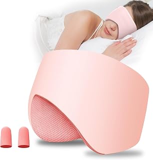 Dual-Side Sleep Mask Eye and Ear Cover with Earmuffs Blocking Light Blindfold Soft Pressureless Blackout Eye Covers for Side Sleeper Night Sleeping,Travel Rest, Work Nap and Yoga (Light Pink)