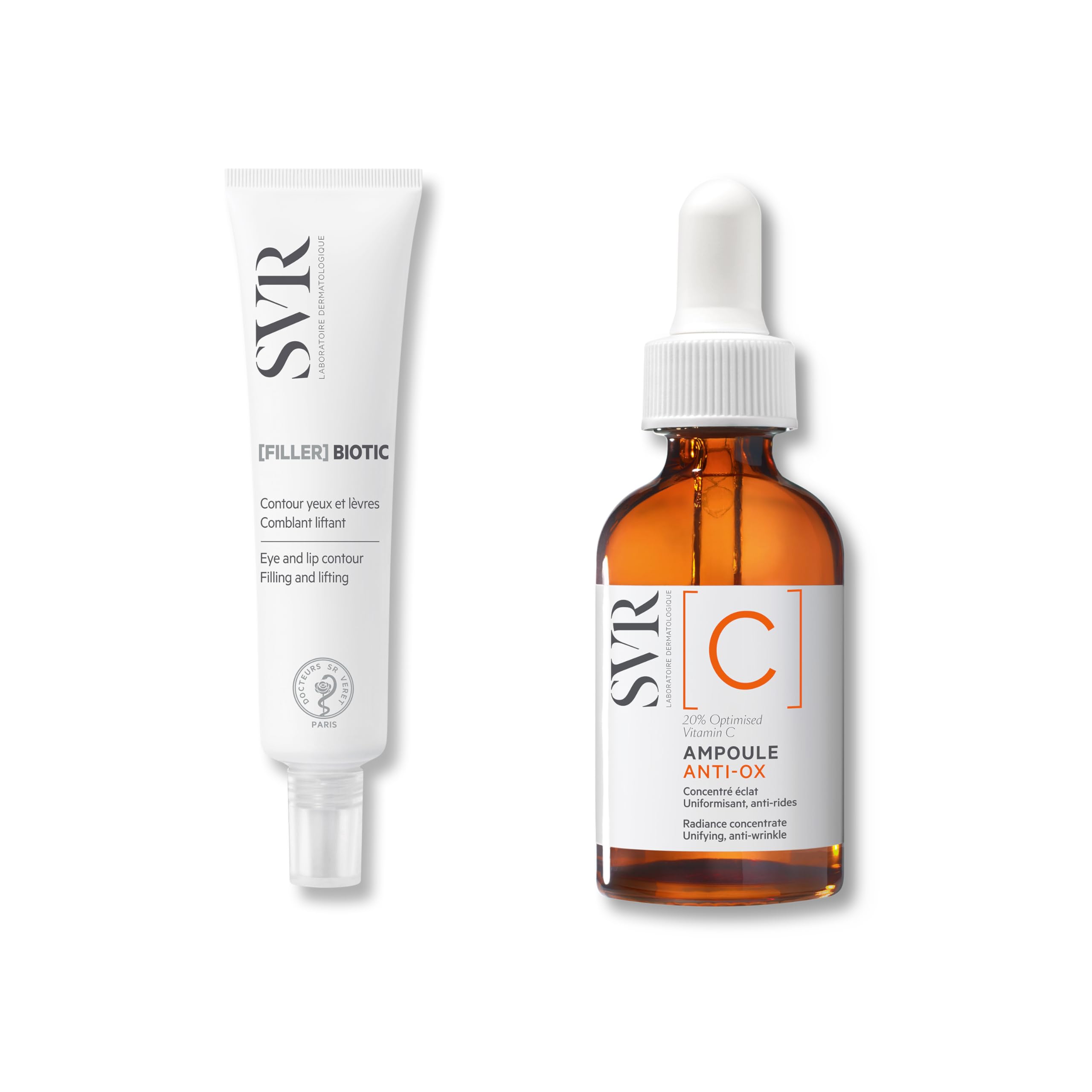 SVR Pack Anti-Âge & Éclat – Filler Biotic Contour Yeux & Lèvres + Ampoule [C] Anti-Ox Sérum Vitamine C – Lissage des Rides, Effet Liftant & Teint Lumineux, Peaux Sensibles