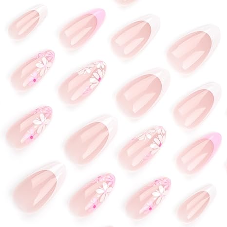 🌸 Spring Almond Press-On Nails: Flower & French Tip Designs 🌸