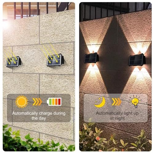 Image of kh Solar Outdoor Wall Light Up & Down | 4 LED Solar Wall Lamp with Warm White Light | IP65 Waterproof Exterior Lighting for Garden, Patio, Balcony, Garage, Pathway & Home Wall (1 Piece)