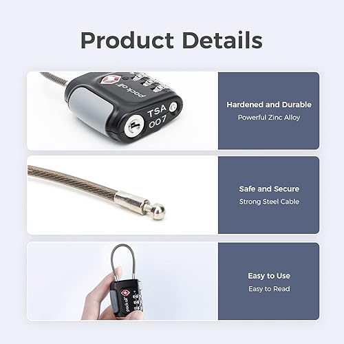 Miniatura 3 de pack all Candados de equipaje de cable aprobados por la TSA, candados de combinación de 3 dígitos, cerradura de viaje para maletas y bolsa, cuerpo