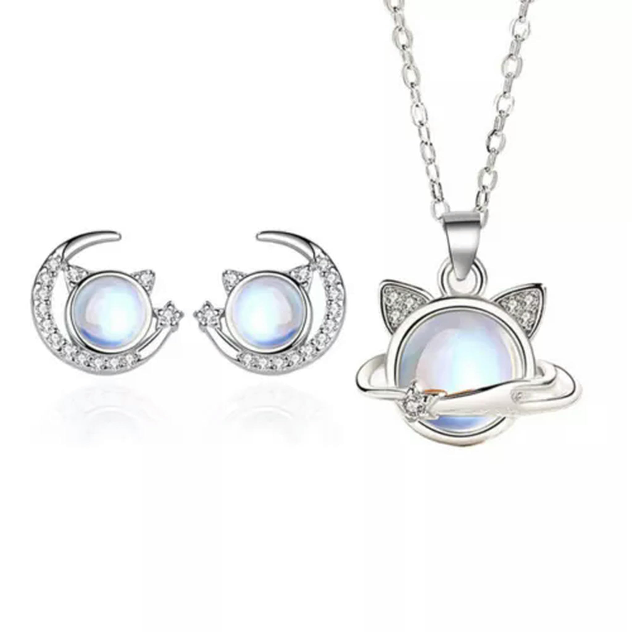 ISCBAFYX Damen 925 Silber Mondstein Katze Mond Halskette Ohrringe Sets Schmuck-Roségold