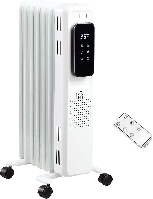 HOMCOM 1630W Oil Filled Radiator 7 Fin Portable Electric Heater with LED Display 24H Timer 3 Heat Settings Adjustable Thermostat Safety Cut-Off and Remote Control White