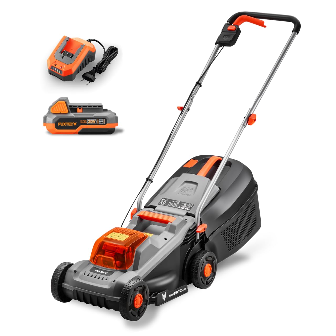 FUXTEC Tagliaerba a Batteria 20V E1RM20ECO-​SET, batteria 4Ah + caricabatterie, per giardini piccoli e medi, larghezza di taglio 30cm, cesto di raccolta 30L, altezza di taglio regolabile 30-​70mm