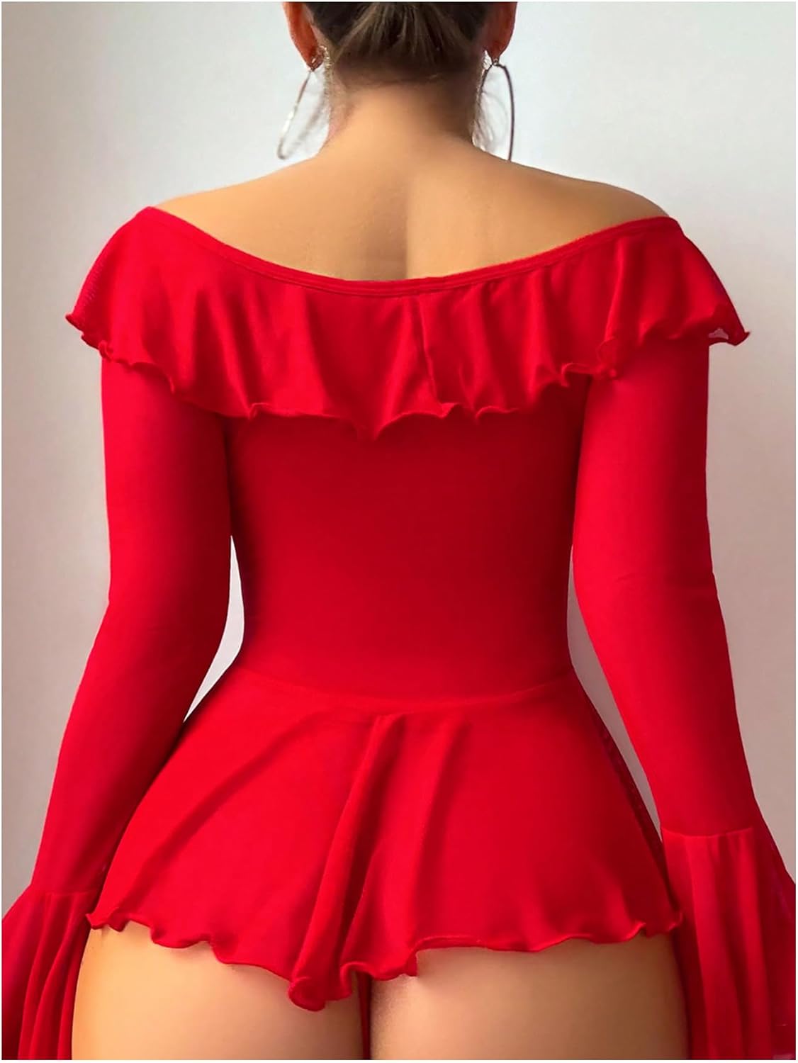 OYOANGLE Women's 2 Piece Off Shoulder Long Sleeve Ruffle Mesh Sheer Nightgowns with Thongs Babydoll Lingerie Set - Image 2