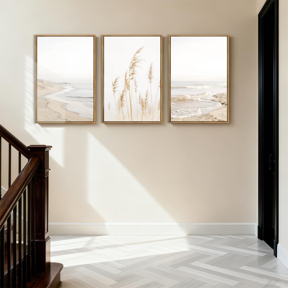 HPNIUB Modern Beach Waves Framed Wall Art Set,Seaside Reed Pathway Wall Decor,Minimalist Neutral Coastal Landscape Printing,Boho Seascape Nature Artwork for Living Room, Bedroom,Bathroom-24''x36''x3