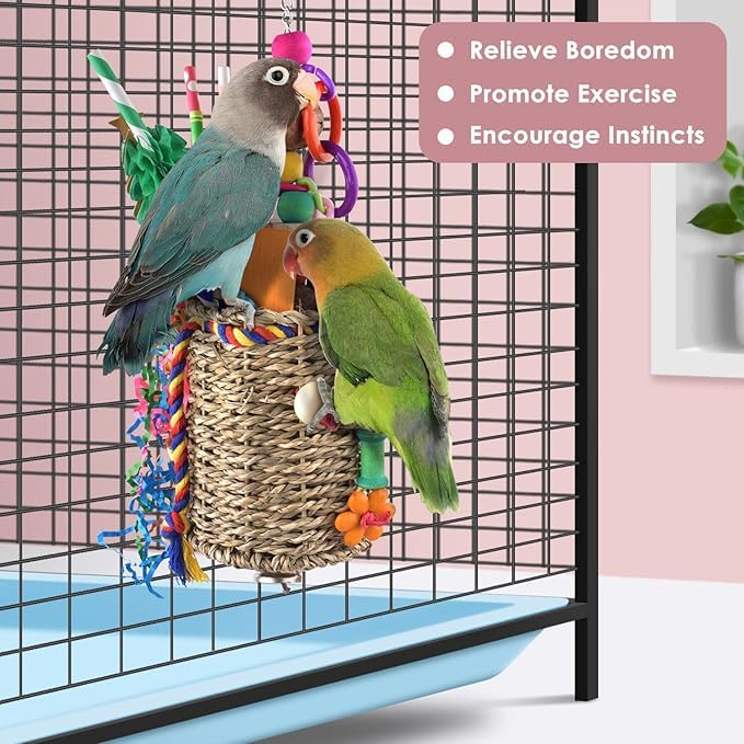 Image of KUTKUT Hanging Bird Foraging Toys, Natural Grass Basket with Shredding Papers, Wooden Blocks & Colourful Chew Toys for Parakeets, Cockatiels, Conures, Small and Medium Bird Cage Accessories