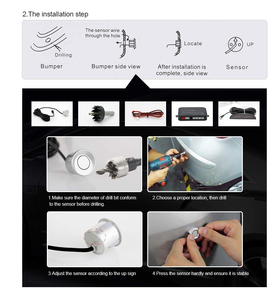 Capteurs de Stationnement de Voiture,Radar de Recul Voiture Inverse Arrière 4 Capteurs Kit Audio Buzzer Alarme Affichage LED, DC 12V, Car Parking Sensors,Noir