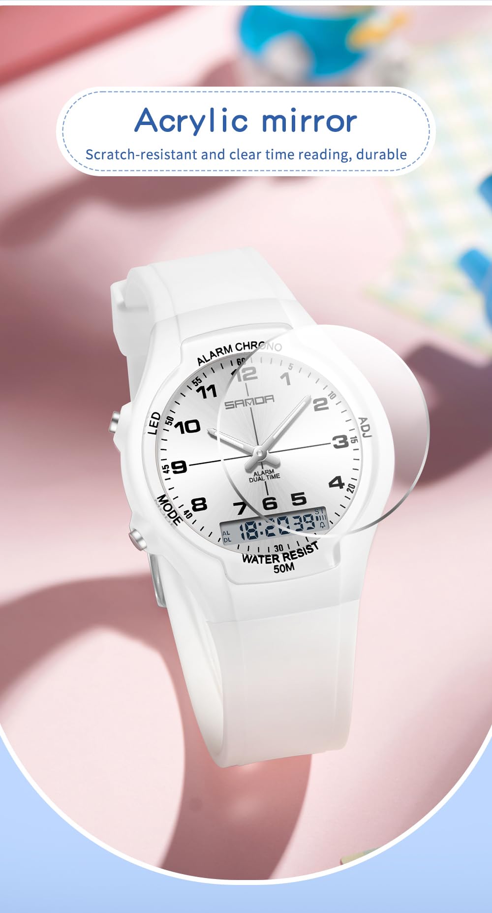 Gosasa Montre de sport analogique et numérique double fuseau horaire étanche jusqu'à 50 m Alarme chronographe Rétroéclairage LED Montre bracelet en silicone