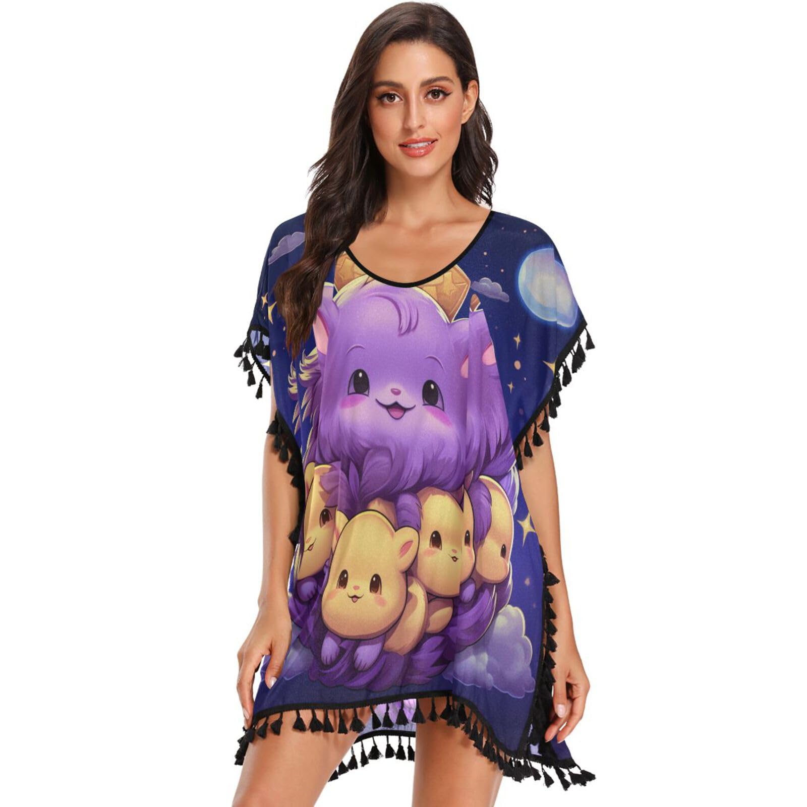 Doodle Art Cute Hedgehog Women's Beach Cover Up Chiffon Tassel Swimwear Swimsuit Coverups for Girl