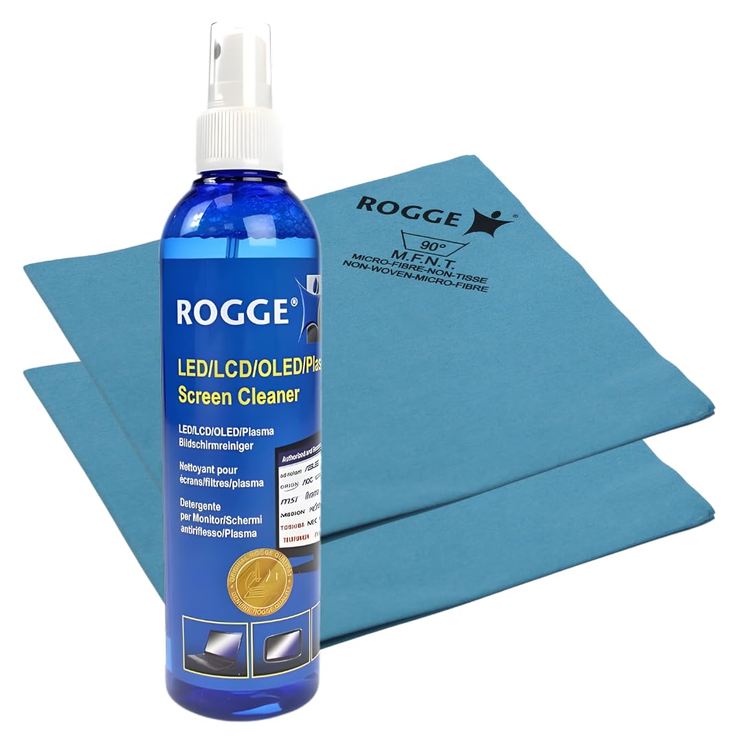 ROGGE Duo-Clean Original Set, 250ml Płyn do czyszczenia ekranu + 2 premium ściereczki mikrofibrowe ROGGE. Czyści wyświetlacze telefonów, laptopów i telewizorów - LCD, LED, OLED, QLED, TFT usuwa plamy