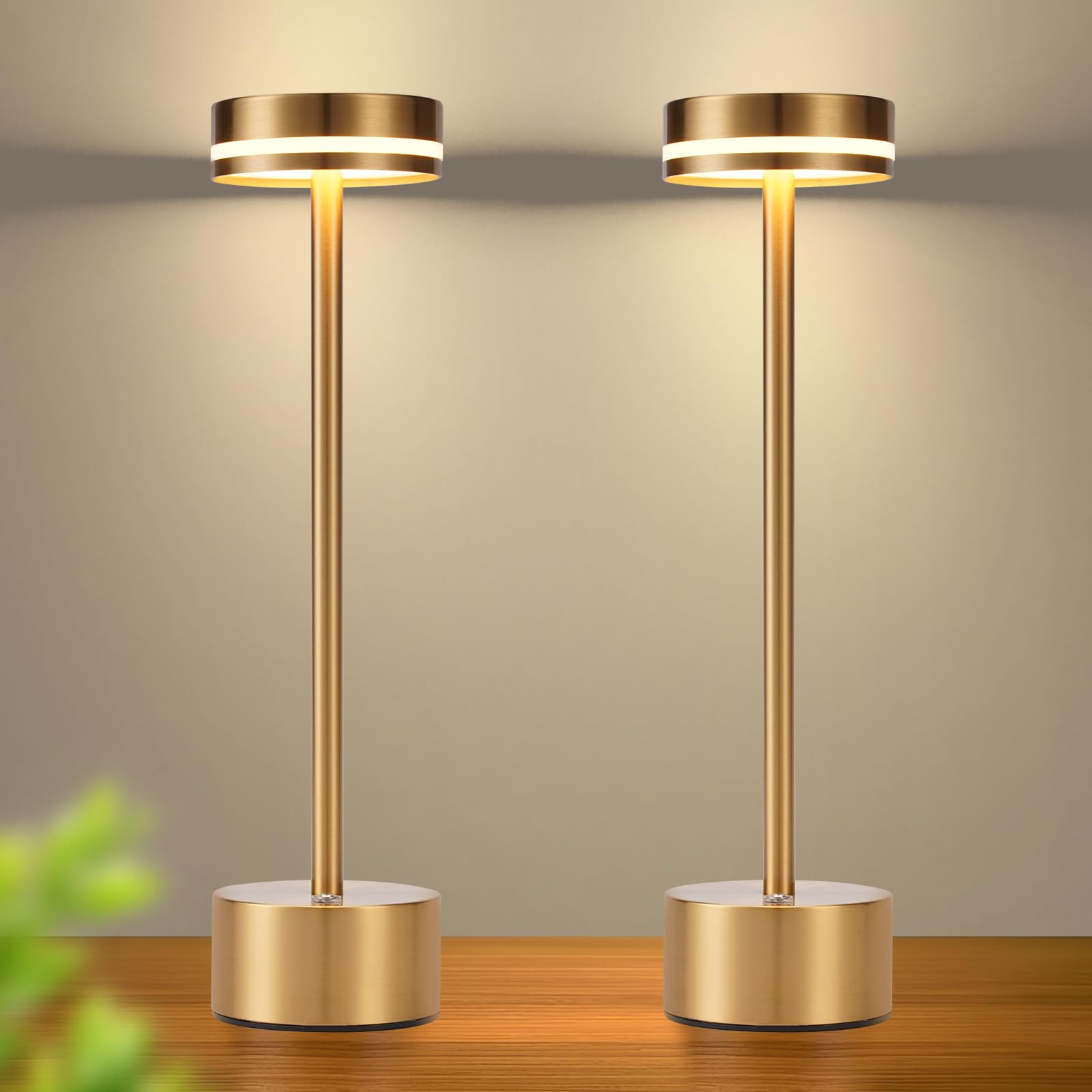 meoaow Lámpara de mesa con batería LED inalámbrica, lámpara de mesita de noche, regulable con USB-C, recargable, lámpara táctil, lámpara de mesa dorada, para dormitorio, comedor, oficina (dorado, 2