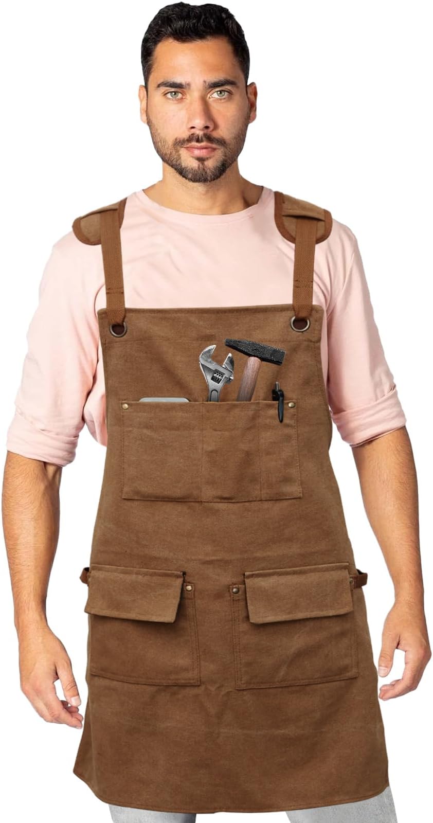 Work Apron with 5 Tool Pockets, Heavy Duty, Waterproof Oxford Cloth, Adjustable Cross Strap Woodworking Apron for M-XXL Men & Women