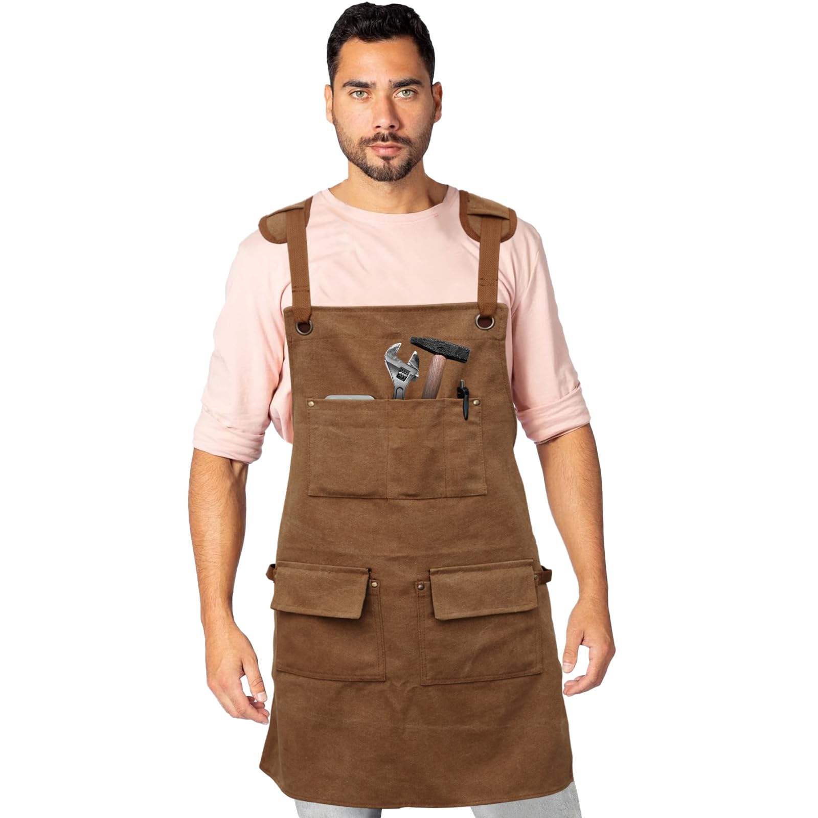 Work Apron with 5 Tool Pockets, Heavy Duty, Waterproof Oxford Cloth, Adjustable Cross Strap Woodworking Apron for M-XXL Men & Women