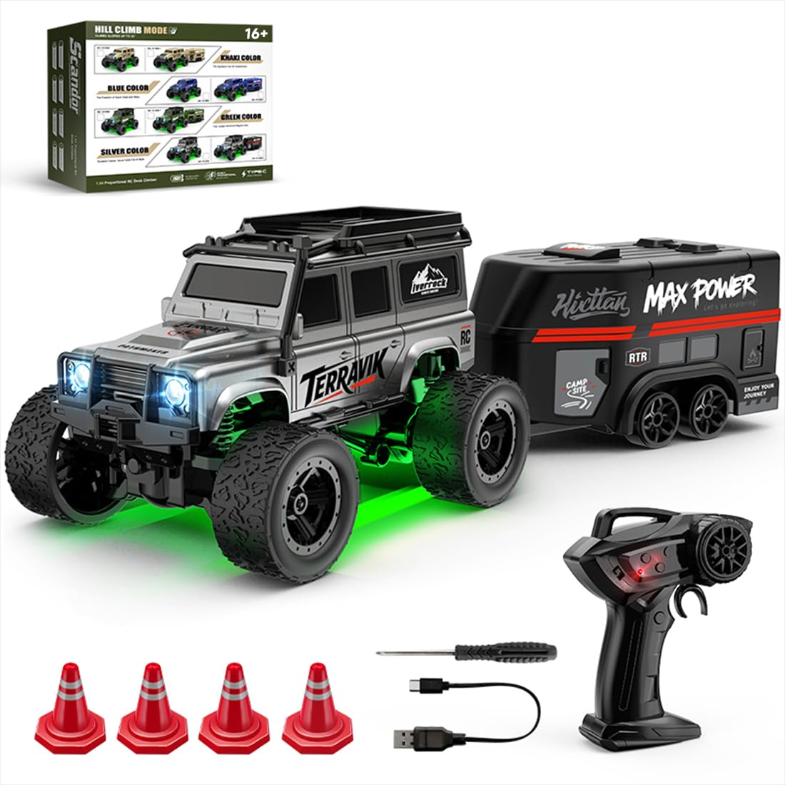MECHIX 1/64 Scale 2.4G Full Proportional Mini RC Crawler Truck with Detachable Trailer, LED Lights Dual Speed Mode Off-Road Remote Control Car, Hobby Grade RC Vehicle Gift for Boys Girls