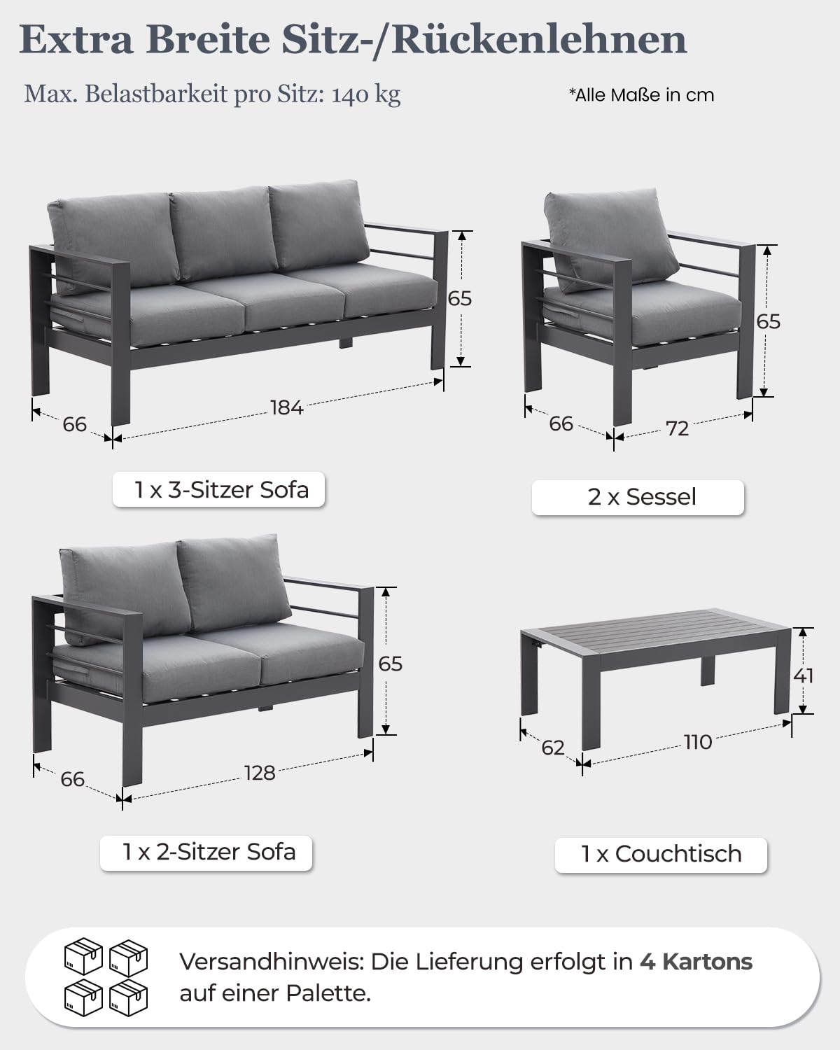 Atenza Aluminium Gartenmöbel Set Lounge Sitzgruppe 6-7 Personen | 5-teilige Outdoor Gartengarnitur mit WPC-Couchtisch, 12cm dicken Kissen & waschbaren Kissenbezügen für Terrasse & Balkon