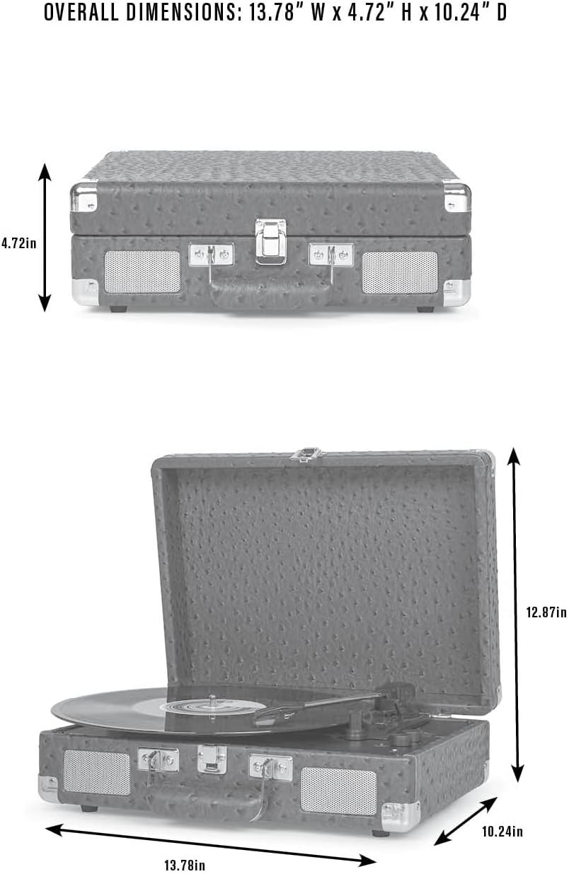 Diagram showing the overall dimensions of the Crosley Cruiser Plus turntable: 13.78 inches W x 4.72 inches H x 10.24 inches D.