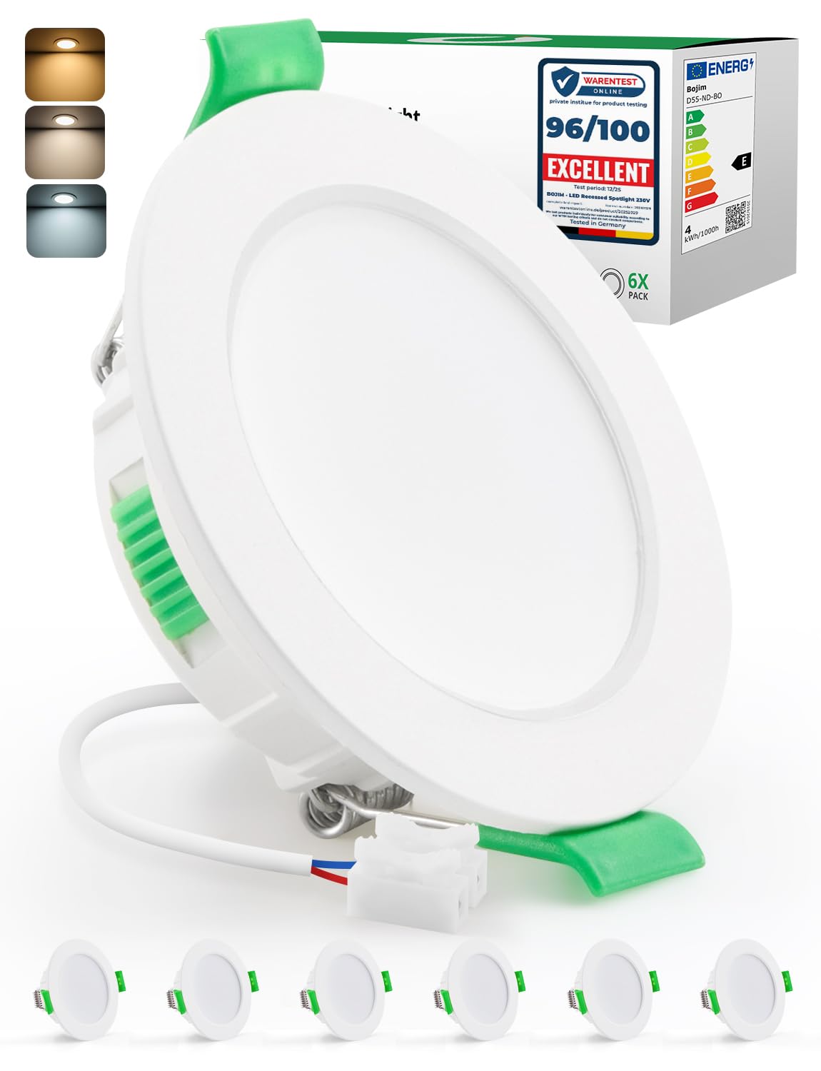 Bojim Spot LED Encastrable Salle de Bain IP44, Trou 55mm - 68mm, 230V, 4W, Blanc Chaud/Neutre/Froid, Spots de Plafond Extra Plat pour Cuisine Chambre Salon, Lot de 6