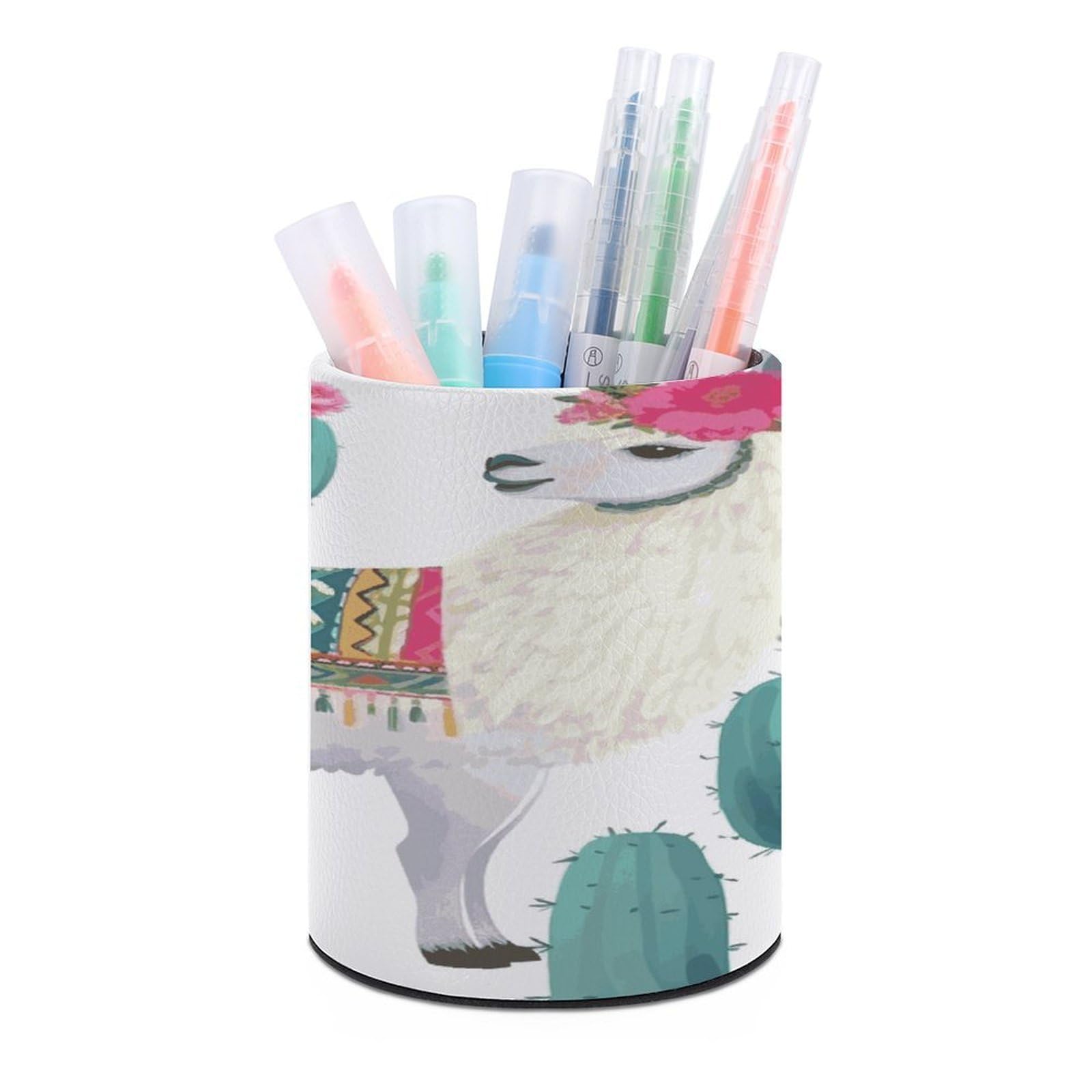 LDGSUPH Tropical Llama Alpaca Cactus Flower Round Pen Holder Leather Pen Cup Pencil Cup Pen Organizer Pencil Holder for Desk Organizer Pencil Organizers Makeup Brush Holders for Home Office Gift