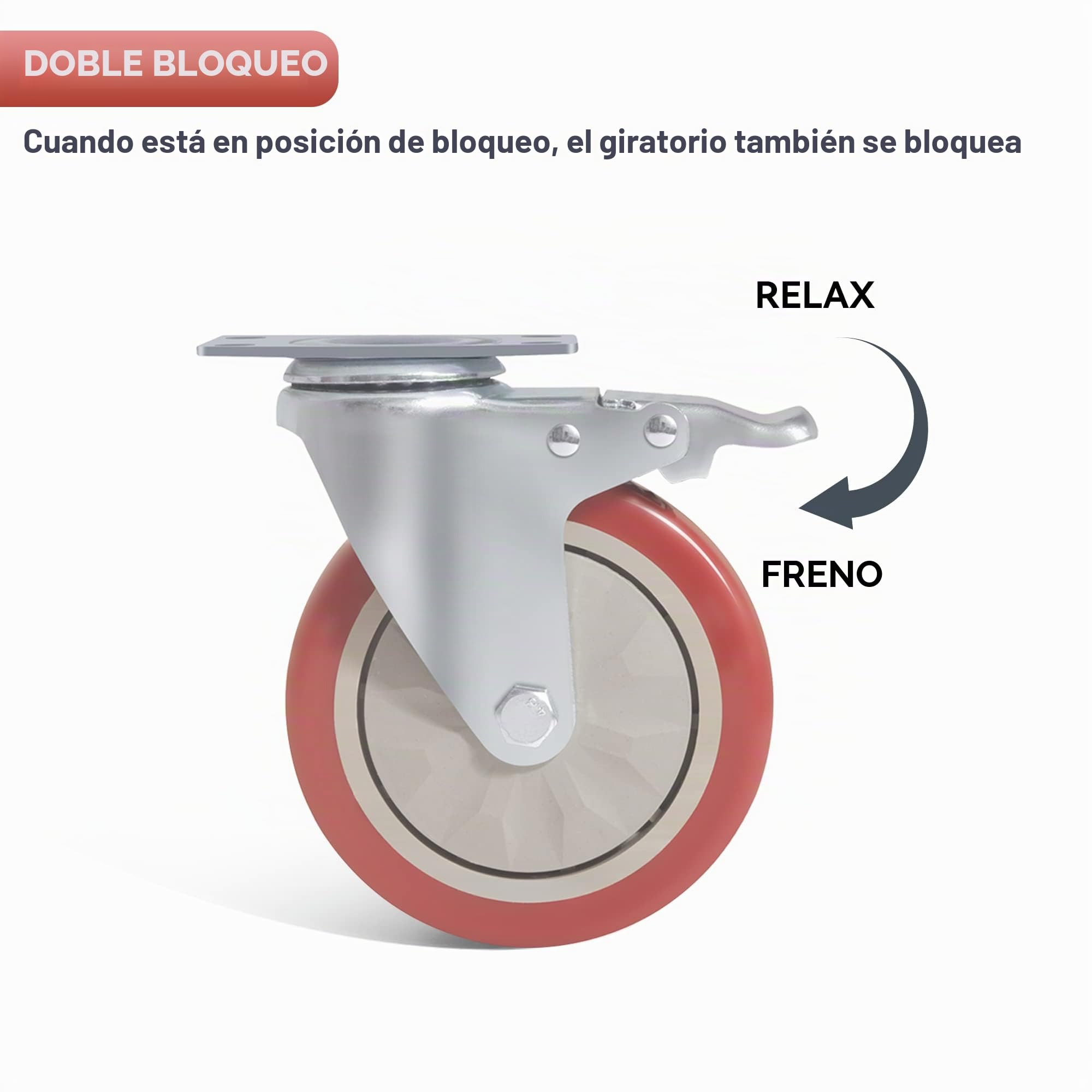 Juego de 4 ruedas giratorias para muebles, 125 mm, con freno, ruedas para cargas pesadas, 800 kg, rojas para muebles, ruedas de transporte, banco de trabajo, carro de herramientas, palés