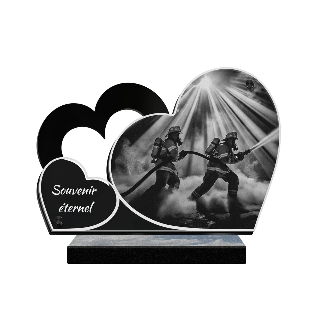 ETERNEL - Plaque Funéraire Personnalisée Double Cœur - Pompier, Soldat de feu, Casque de pompier - Texte personnalisable, plaque funéraire gravée au laser pour hommage, plaque mortuaire, commémoration