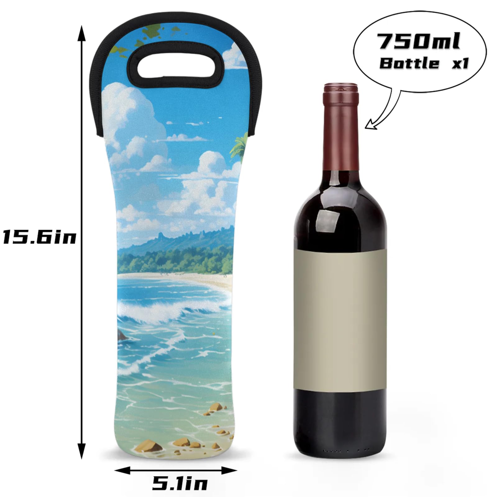 Neoprene Wine Tote Carrier Bag for Wine,Water, Champagne, Beer, Baby Bottles 15.6 x 5.1 Inches, Protective Wine Bag,Beach Landscape